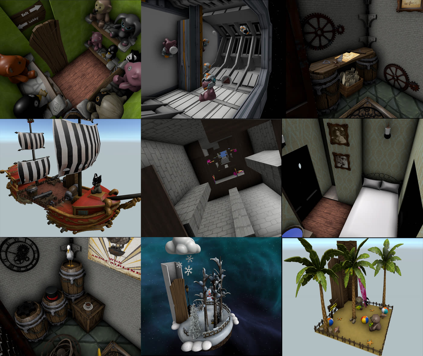 Collage of varied community-built traVRsal worlds