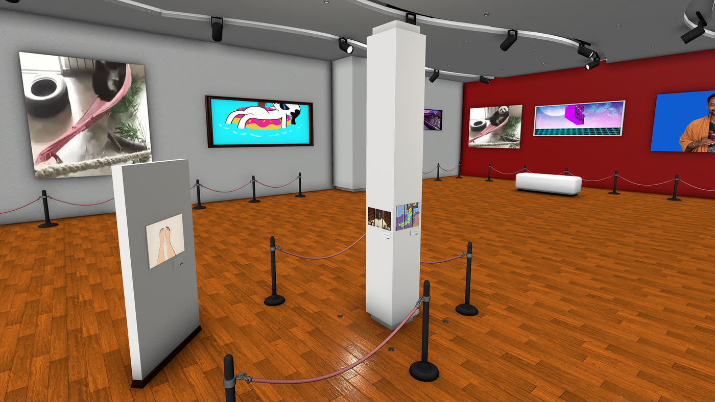 Bright virtual gallery whose exhibition rooms overlap inside a small play area