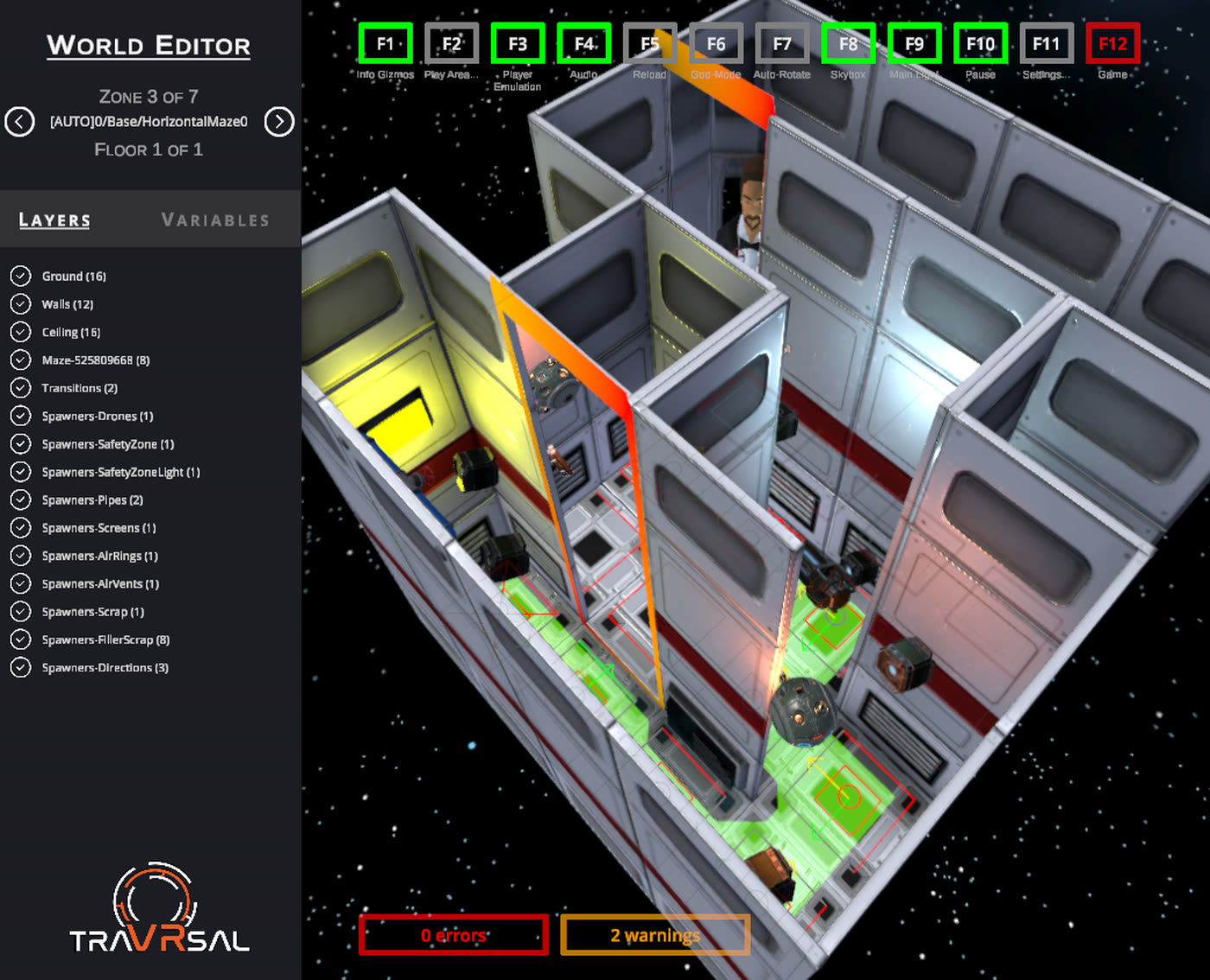 traVRsal Studio displaying a layered science-fiction maze with zones, variables and validation status